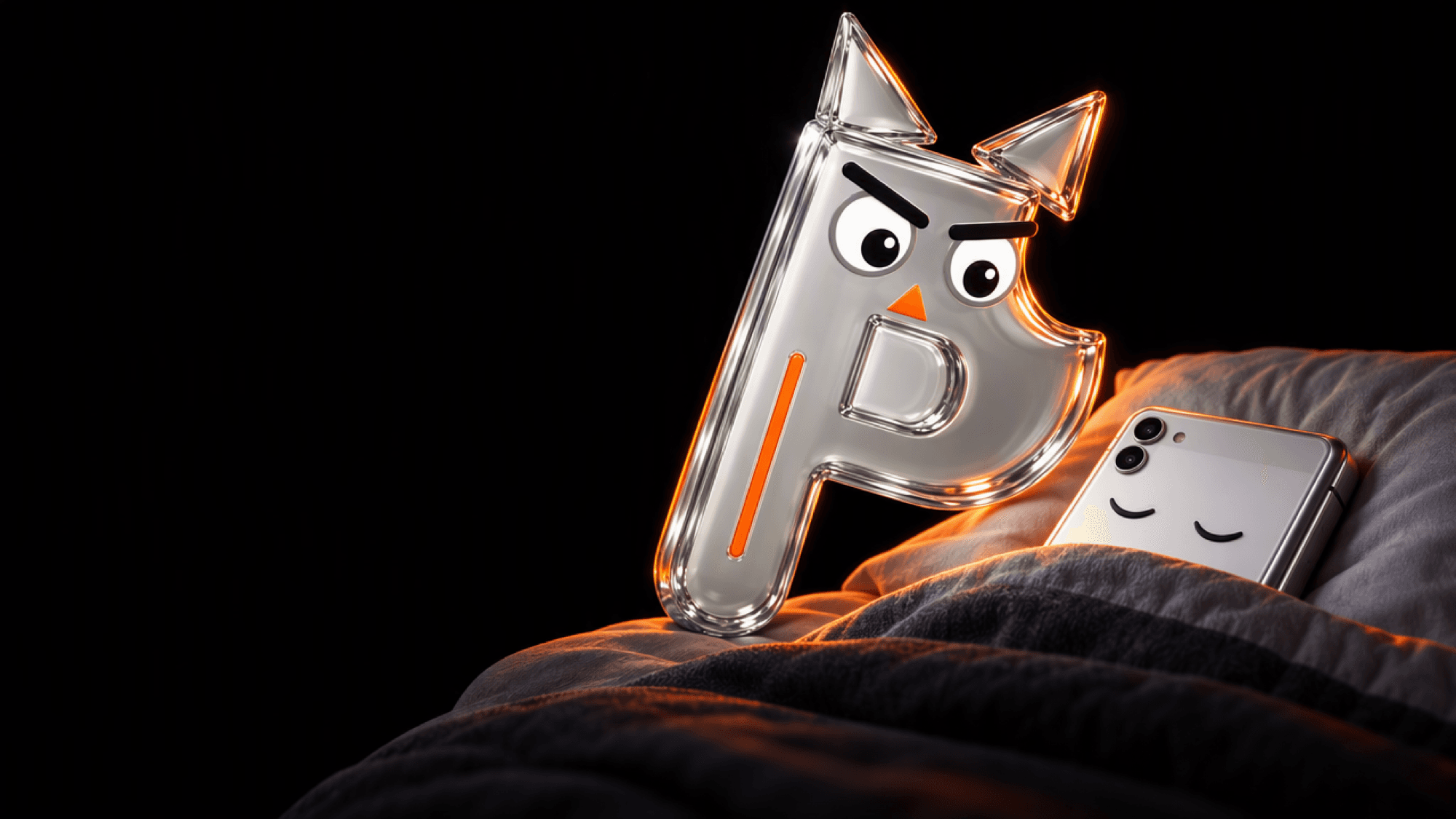 the owl-P sitting up in bed next to a sleeping folded phone
